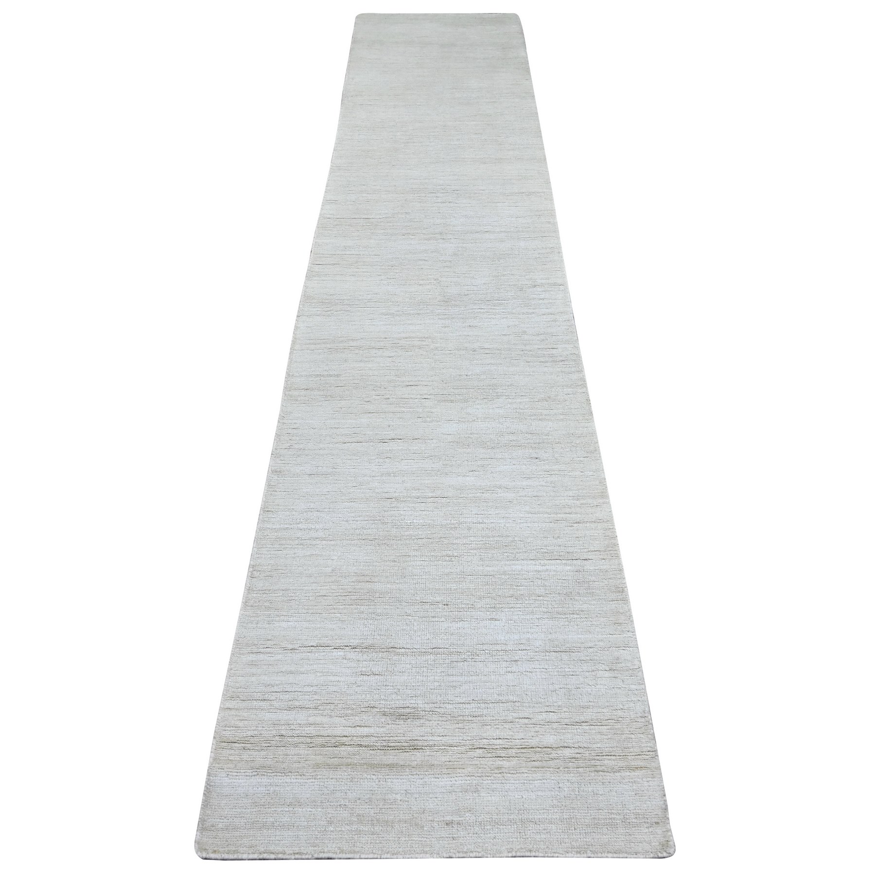 2'4"x11'7" Daisy White, Plain Solid Pattern, Hand Knotted, Hand Spun Ghazni Wool, Lush and Plush, Narrow Runner, Oriental Rug 